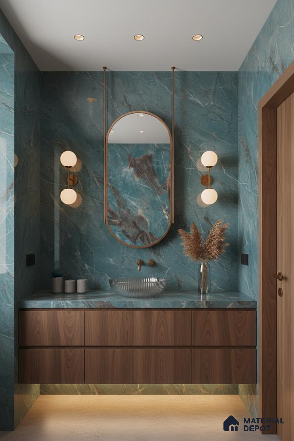 Modern bathroom with teal marble-look tiles and walnut wood vanity | Material Depot