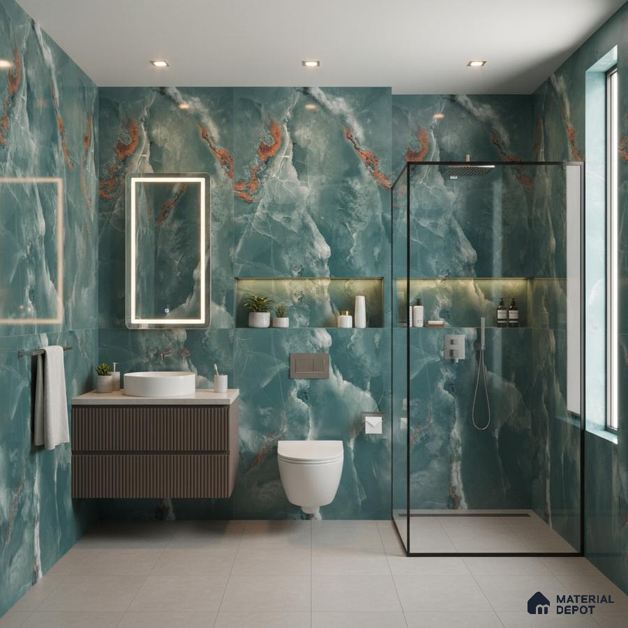 Modern bathroom with teal marble-look wall tiles and fluted wood vanity | Material Depot