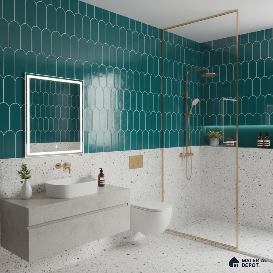 Modern bathroom with teal scallop wall tiles and terrazzo wall and floor tiles | Material Depot