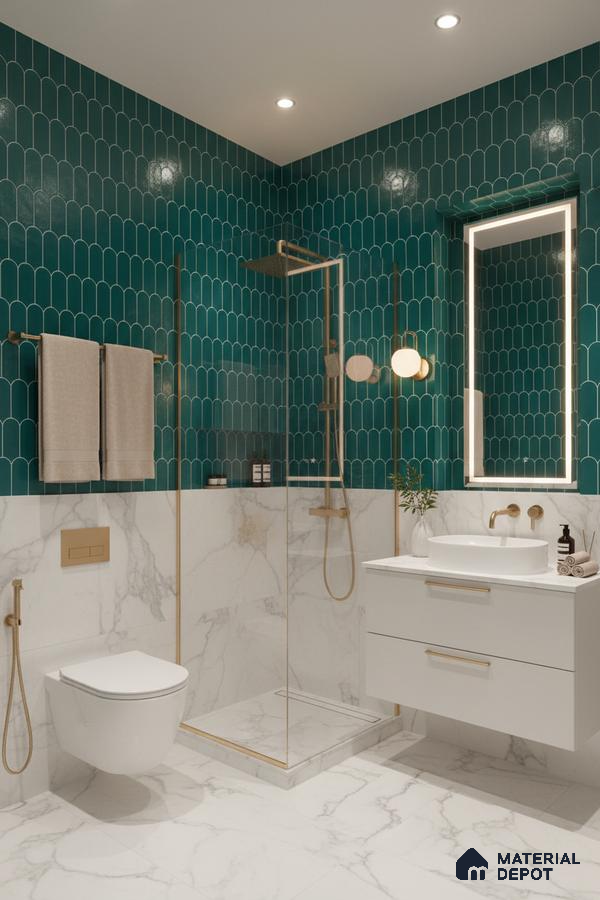 Modern bathroom with teal scallop wall tiles and white marble-look floor and wall tiles | Material Depot