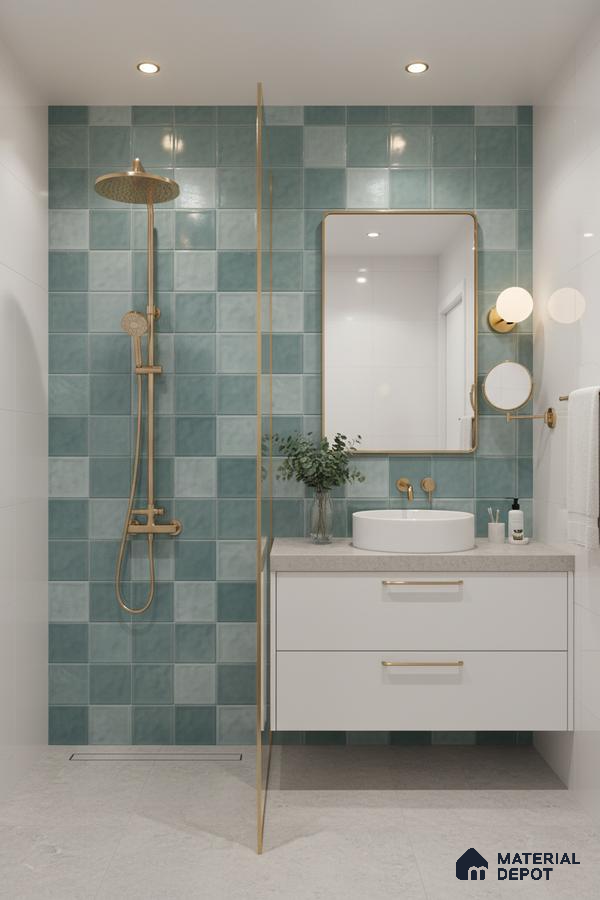 Modern bathroom with teal square wall tiles, white floating vanity, and light grey floor tiles | Material Depot