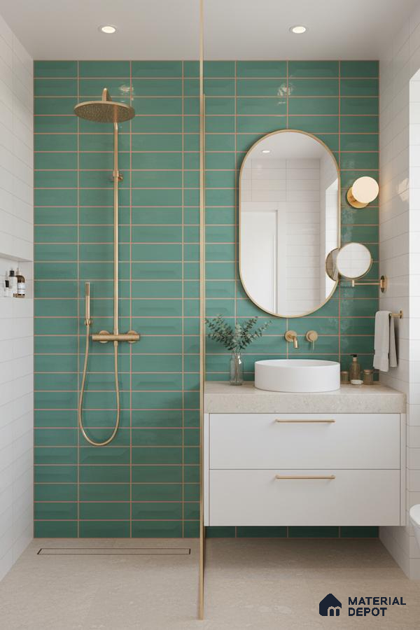 Modern bathroom with teal subway wall tiles, white floating vanity, and beige stone floor tiles | Material Depot