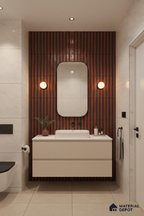 Modern bathroom with terracotta and black fluted wall tiles and marble-look wall tiles | Material Depot
