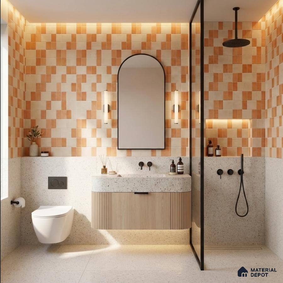 Modern bathroom with terracotta and cream patterned wall tiles, terrazzo floor, and fluted wood vanity