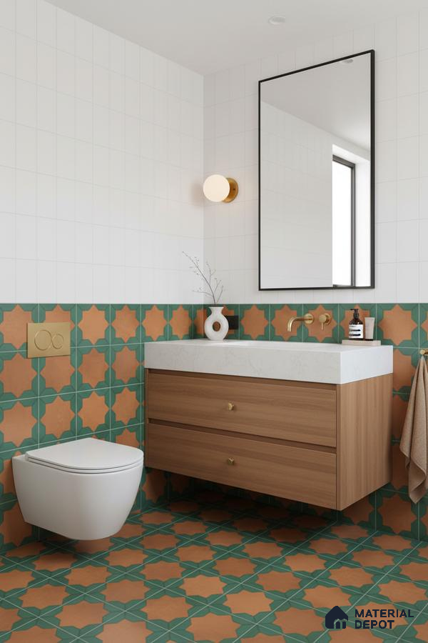 Modern bathroom with terracotta and green geometric moroccan tiles and white grid wall tiles in Bengaluru | Material Depot