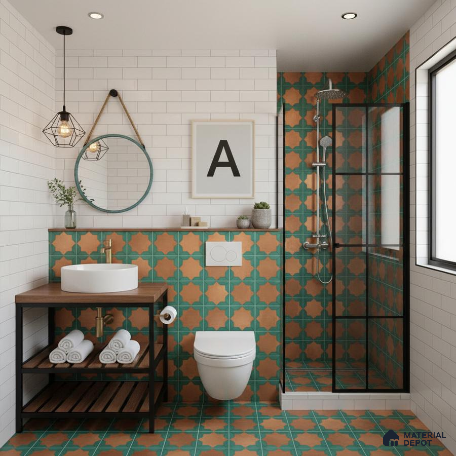 Modern bathroom with terracotta and teal geometric moroccan tiles and white subway wall tiles in Bengaluru | Material Depot