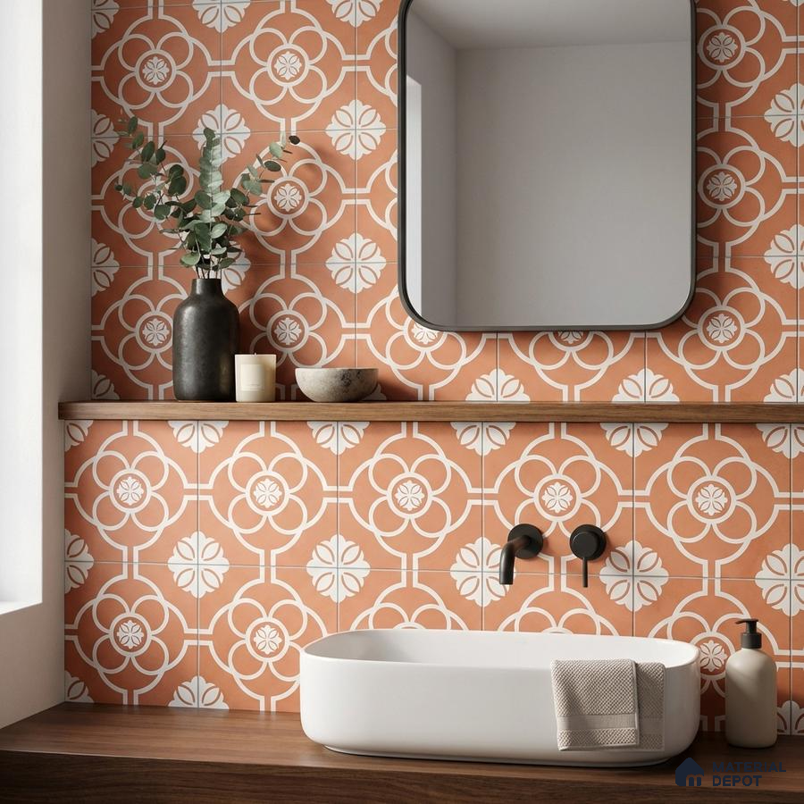 Modern bathroom with terracotta floral patterned wall tiles and walnut wood countertop