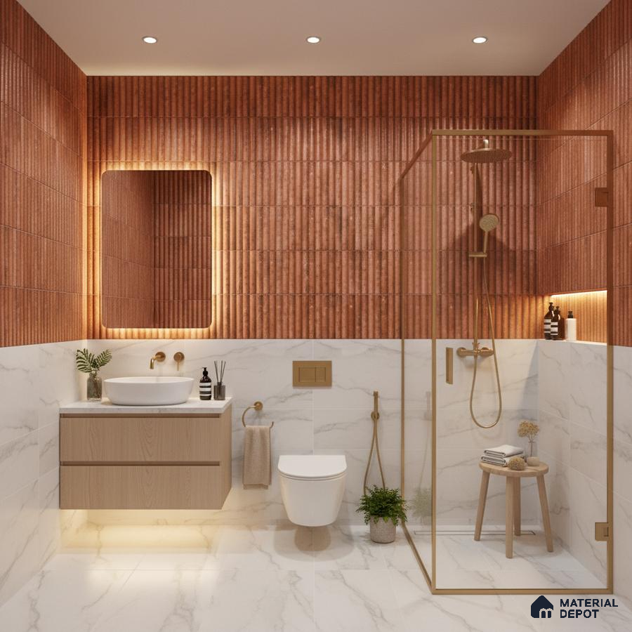 Modern bathroom with terracotta fluted wall tiles and white marble-look floor and wall tiles | Material Depot