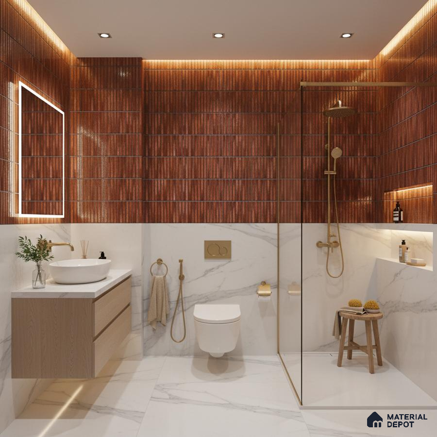 Modern bathroom with terracotta fluted wall tiles and white marble-look floor and wall tiles | Material Depot