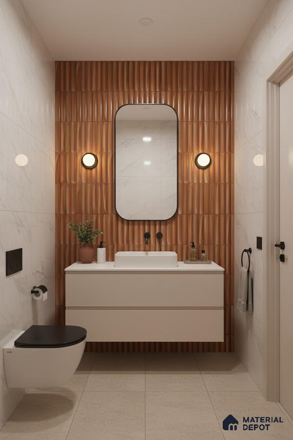 Modern bathroom with terracotta fluted wall tiles and white marble-look wall tiles | Material Depot