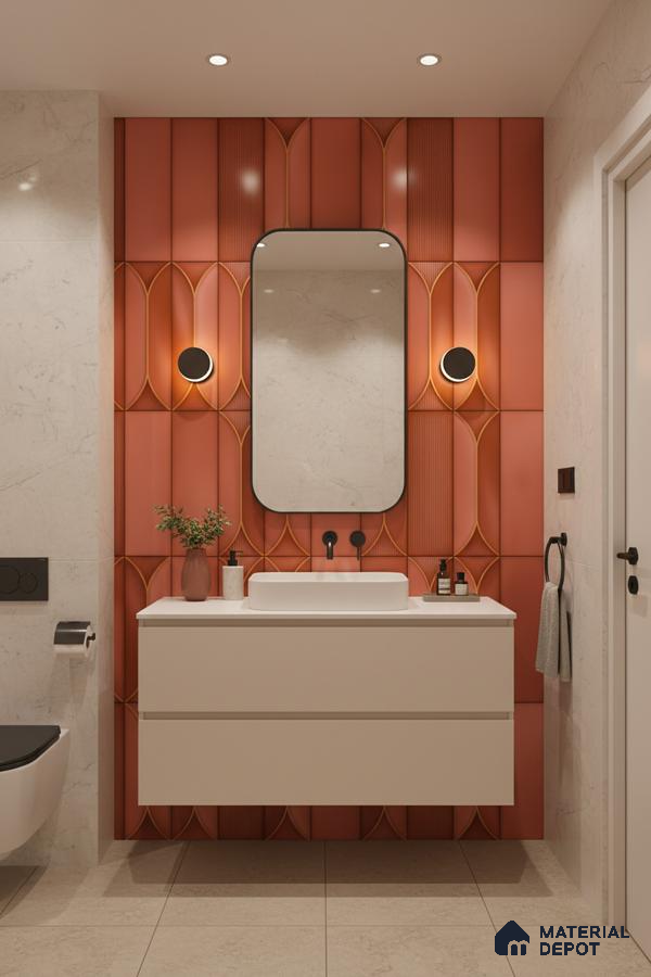 Modern bathroom with terracotta geometric highlighter wall tiles and white floating vanity | Material Depot
