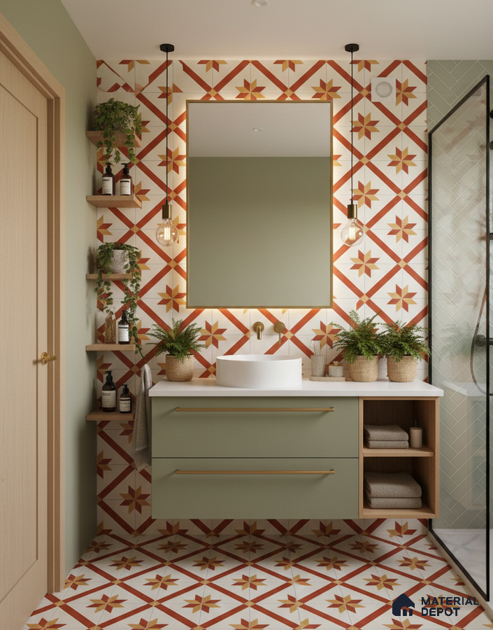 Modern bathroom with terracotta geometric patterned tiles and sage green floating vanity in Bengaluru | Material Depot