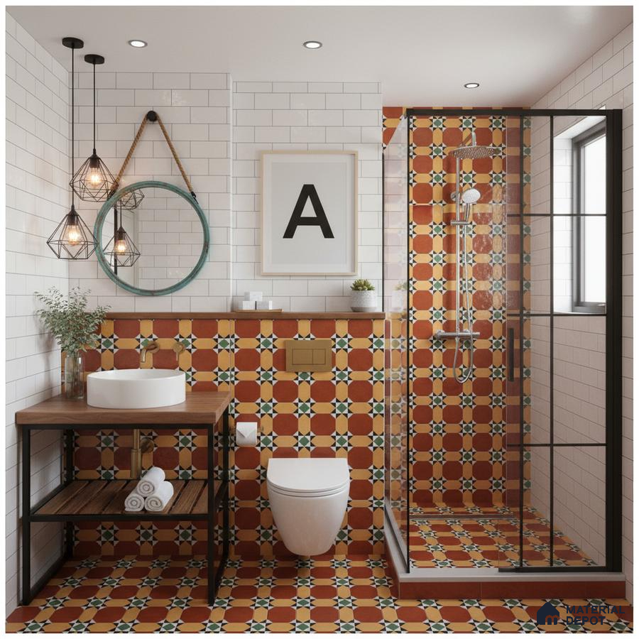 Modern bathroom with terracotta geometric patterned tiles and white subway wall tiles in Bengaluru | Material Depot