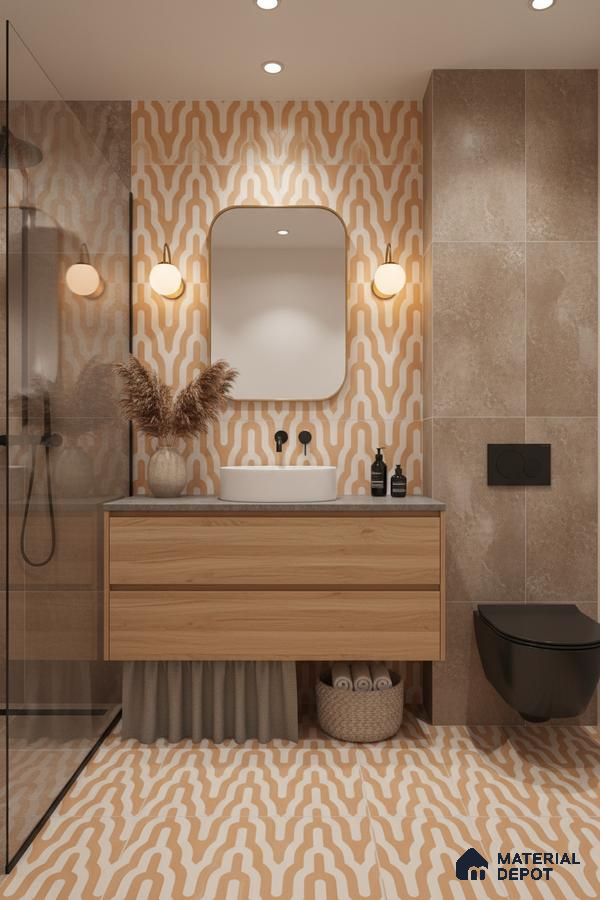 Modern bathroom with terracotta geometric patterned tiles, beige stone wall tiles, and oak wood vanity in Bengaluru | Material Depot