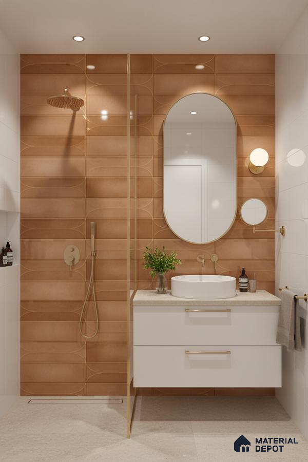 Modern bathroom with terracotta geometric wall tiles and white floating vanity | Material Depot