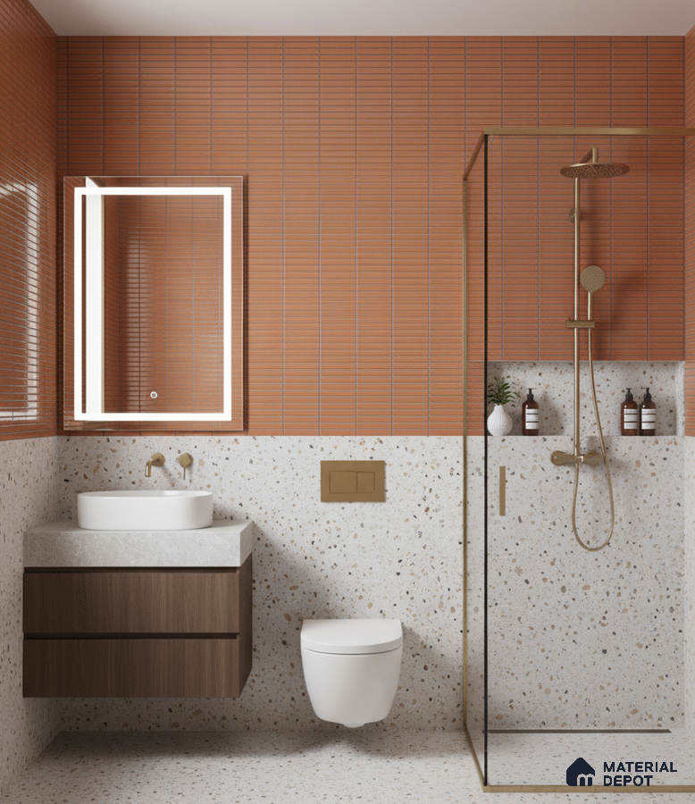 Modern bathroom with terracotta kitkat wall tiles and terrazzo floor and wall tiles | Material Depot