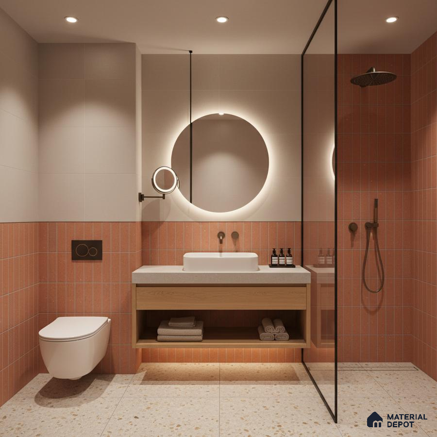 Modern bathroom with terracotta kitkat wall tiles and terrazzo floor tiles | Material Depot