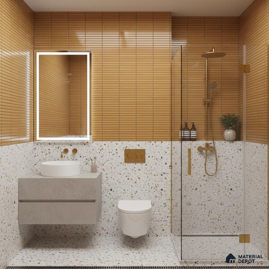 Modern bathroom with terracotta kitkat wall tiles and terrazzo wall and floor tiles | Material Depot