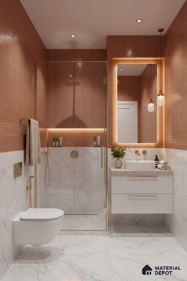 Modern bathroom with terracotta kitkat wall tiles and white marble-look floor and wall tiles | Material Depot