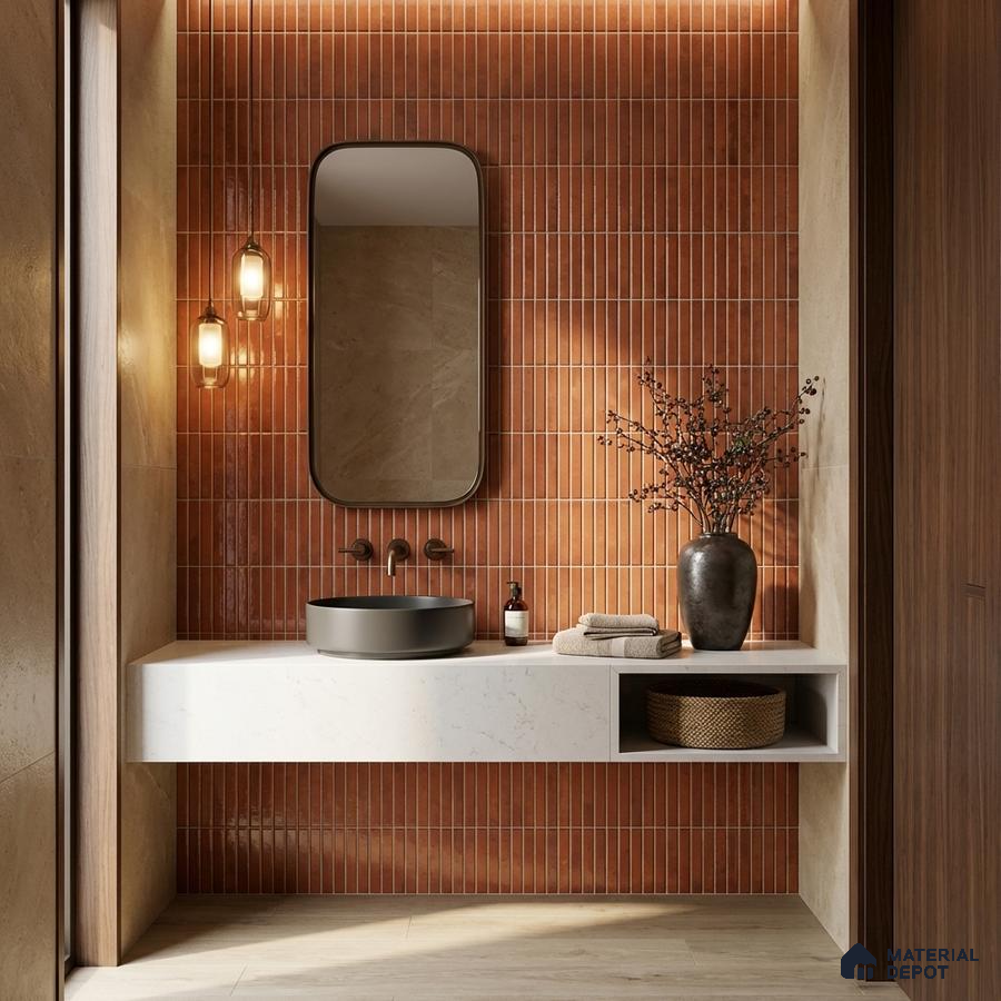 Modern bathroom with terracotta kitkat wall tiles and white quartz floating vanity