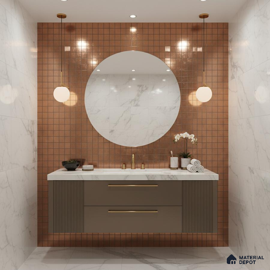 Modern bathroom with terracotta mosaic wall tiles, marble-look wall tiles, and taupe fluted vanity