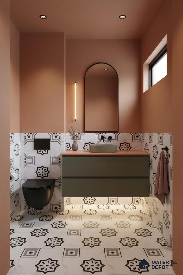 Modern bathroom with terracotta paint, olive green floating vanity, and black-and-white geometric patterned tiles in Bengaluru | Material Depot