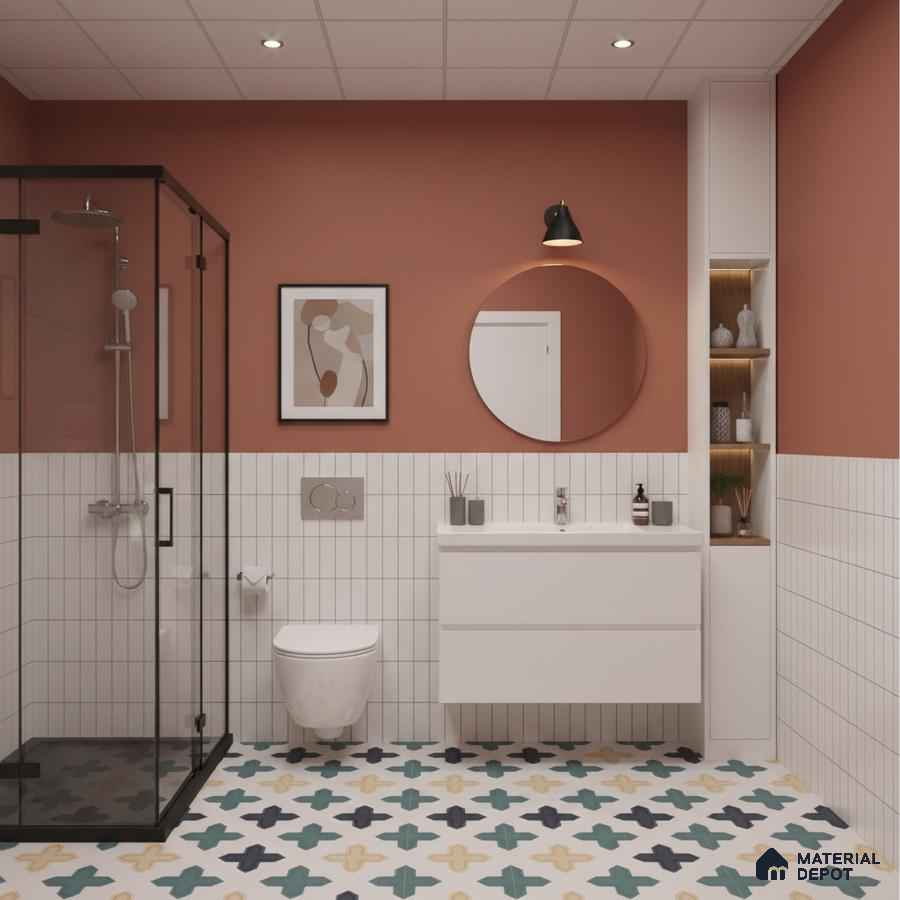Modern bathroom with terracotta paint, white vertical subway wall tiles, and multicolor geometric patterned floor tiles | Material Depot