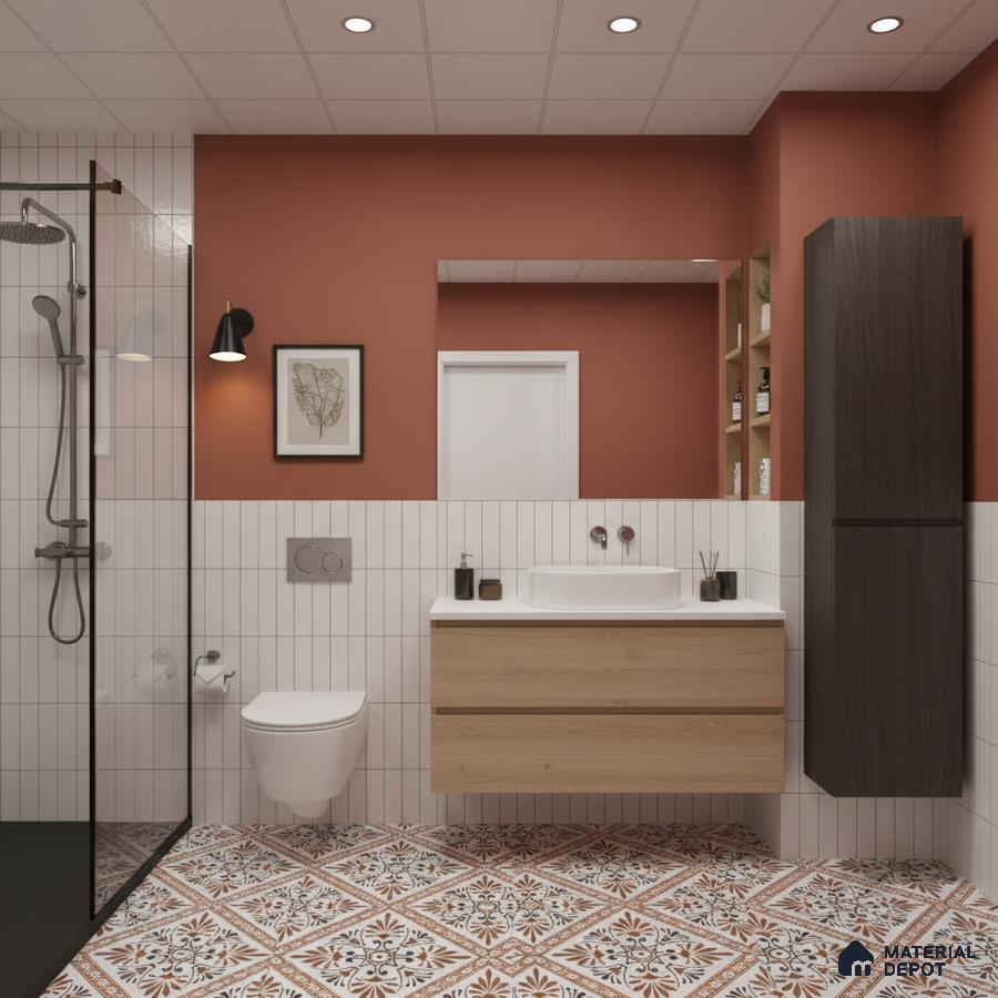 Modern bathroom with terracotta patterned floor tiles, vertical white subway wall tiles, and wood vanity | Material Depot