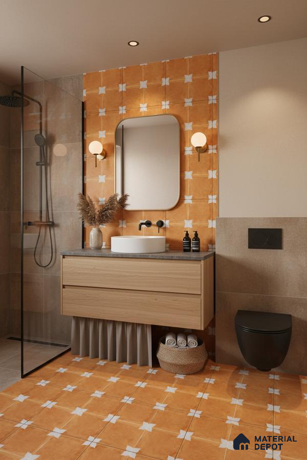Modern bathroom with terracotta patterned tiles and light wood floating vanity in Bengaluru | Material Depot