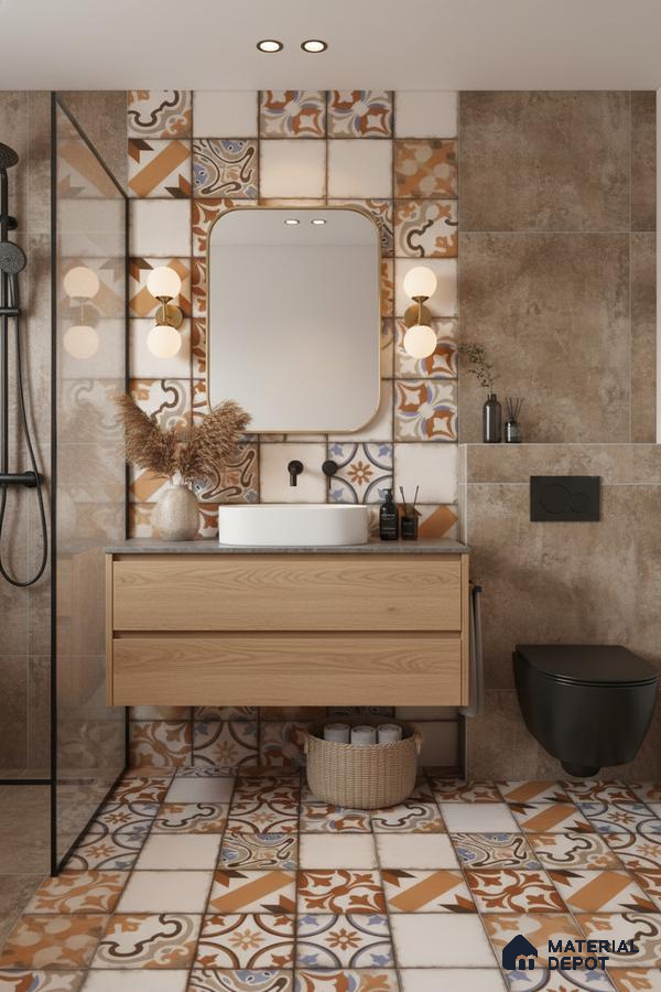 Modern bathroom with terracotta patterned tiles, beige stone wall tiles, and light oak vanity in Bengaluru | Material Depot