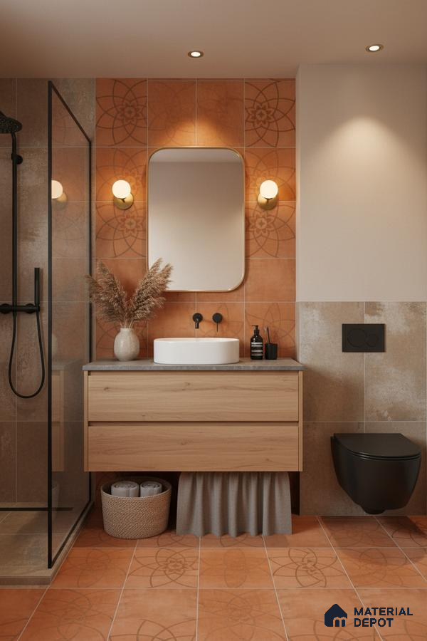 Modern bathroom with terracotta patterned tiles, light oak vanity, and matte black fixtures in Bengaluru | Material Depot