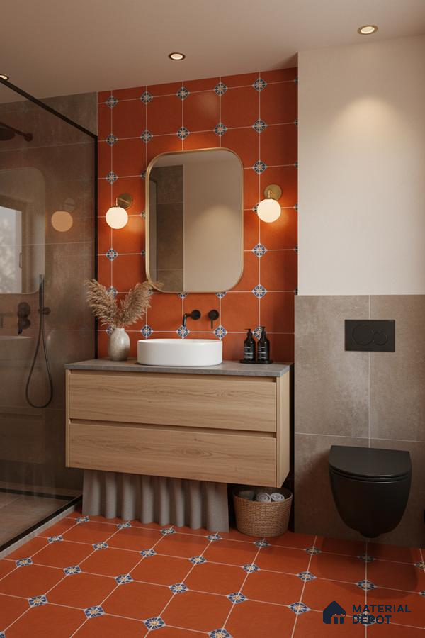 Modern bathroom with terracotta patterned tiles, light oak vanity, and matte taupe wall tiles in Bengaluru | Material Depot