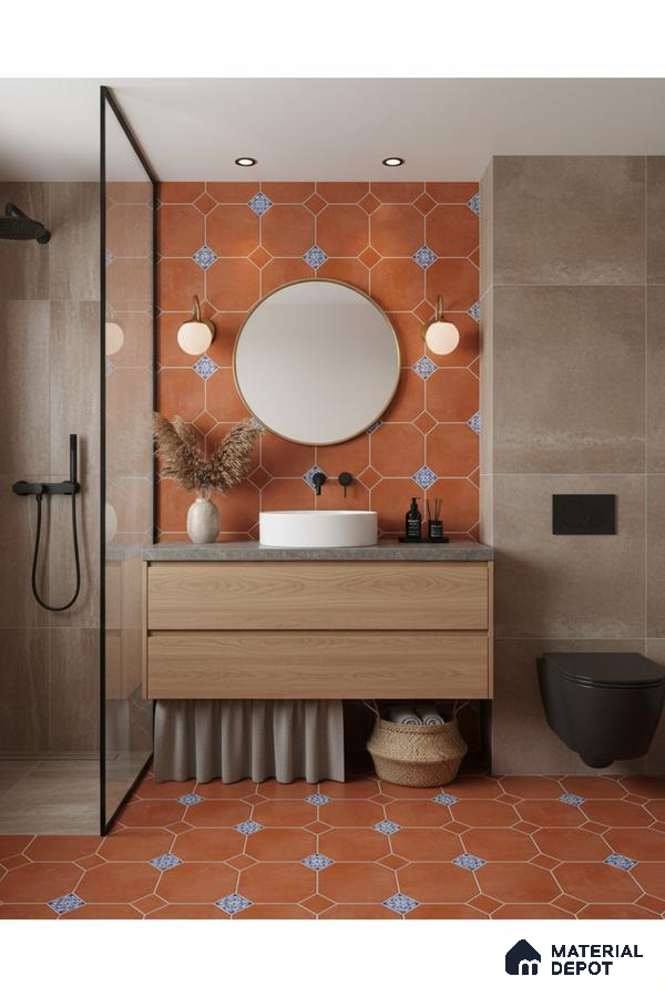Modern bathroom with terracotta patterned wall and floor tiles, beige stone wall tiles, and light oak vanity in Bengaluru | Material Depot