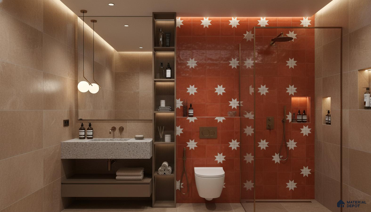 Modern bathroom design with terracotta star patterned highlighter wall tiles and beige stone look wall tiles in Bengaluru | Material Depot