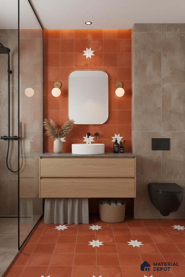 Modern bathroom with terracotta star patterned tiles and light oak vanity in Bengaluru | Material Depot