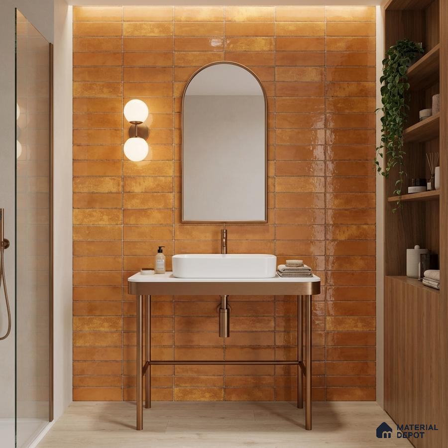 Modern bathroom with terracotta subway wall tiles and light wood laminate shelving