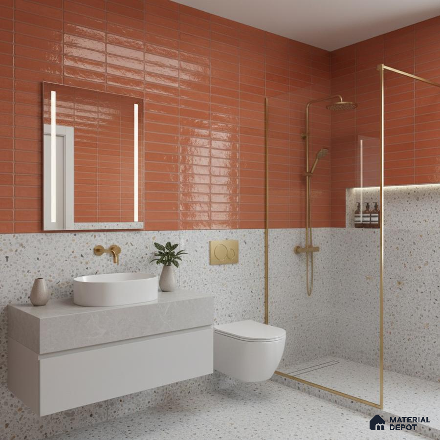 Modern bathroom with terracotta subway wall tiles and terrazzo floor and wall tiles | Material Depot