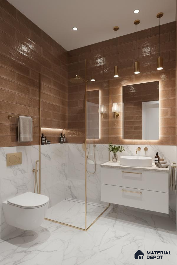 Modern bathroom with terracotta subway wall tiles and white marble-look floor and wall tiles | Material Depot