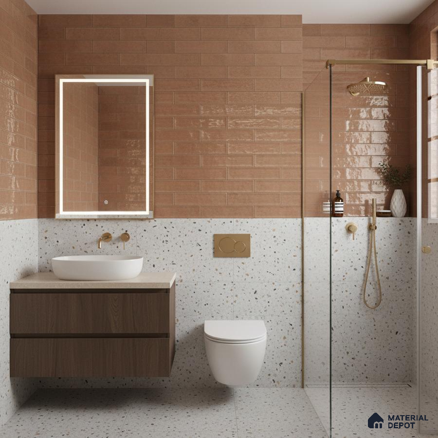Modern bathroom with terracotta subway wall tiles, terrazzo wall and floor tiles, and walnut wood vanity | Material Depot