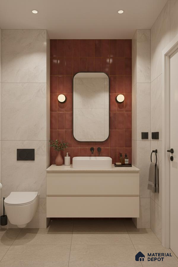 Modern bathroom with terracotta vertical subway wall tiles and beige marble-look floor tiles | Material Depot