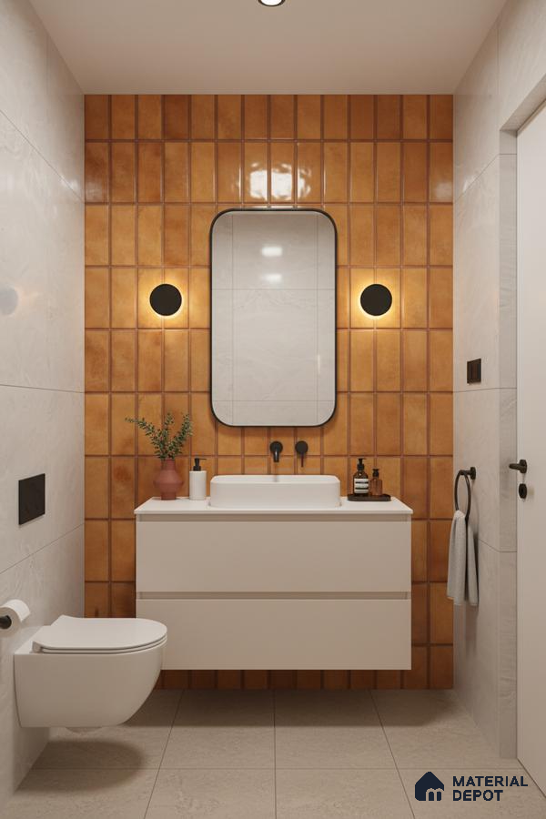Modern bathroom with terracotta vertical subway wall tiles and matte beige floor tiles | Material Depot