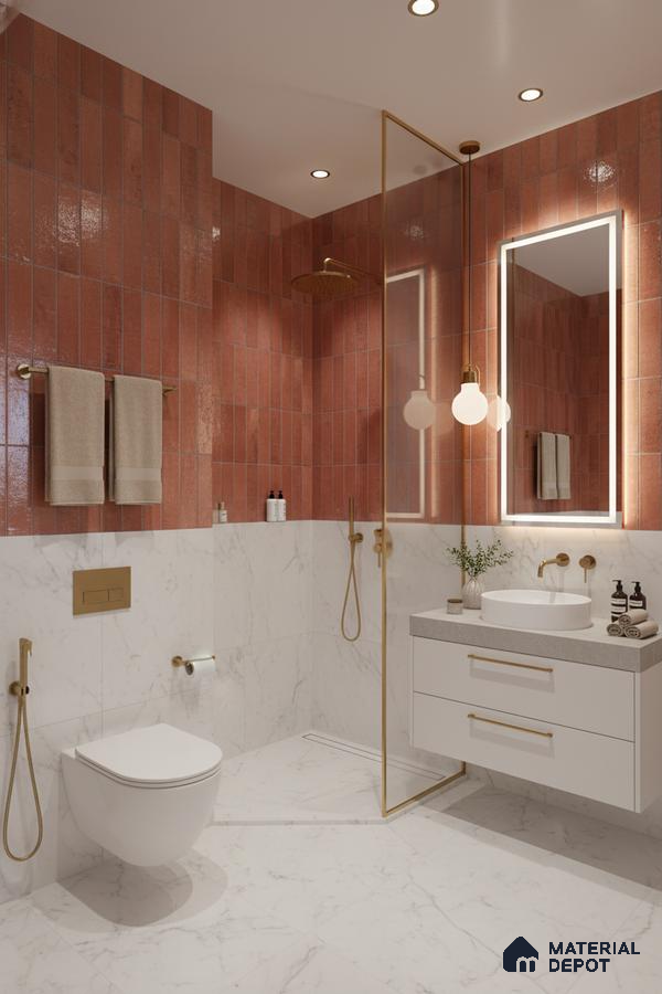 Modern bathroom with terracotta vertical subway wall tiles and white marble-look floor and wall tiles | Material Depot