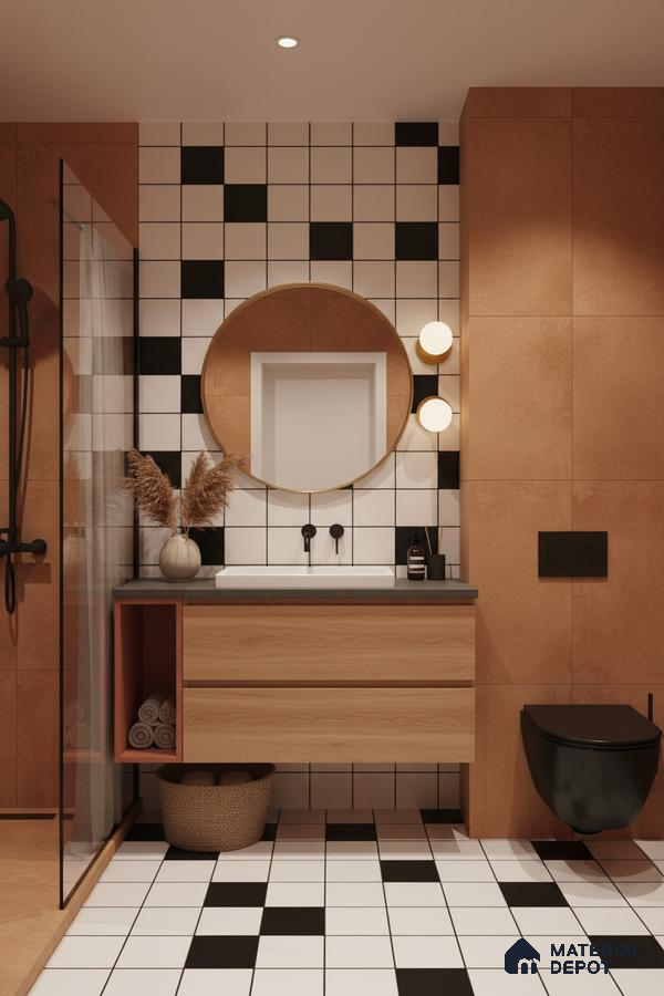 Modern bathroom with terracotta wall tiles, black-and-white checkerboard tiles, and wood vanity in Bengaluru | Material Depot