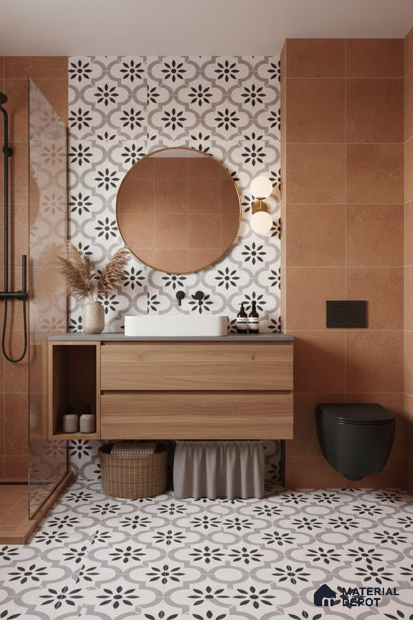 Modern bathroom with terracotta wall tiles, black-and-white floral patterned floor tiles, and oak wood vanity in Bengaluru | Material Depot
