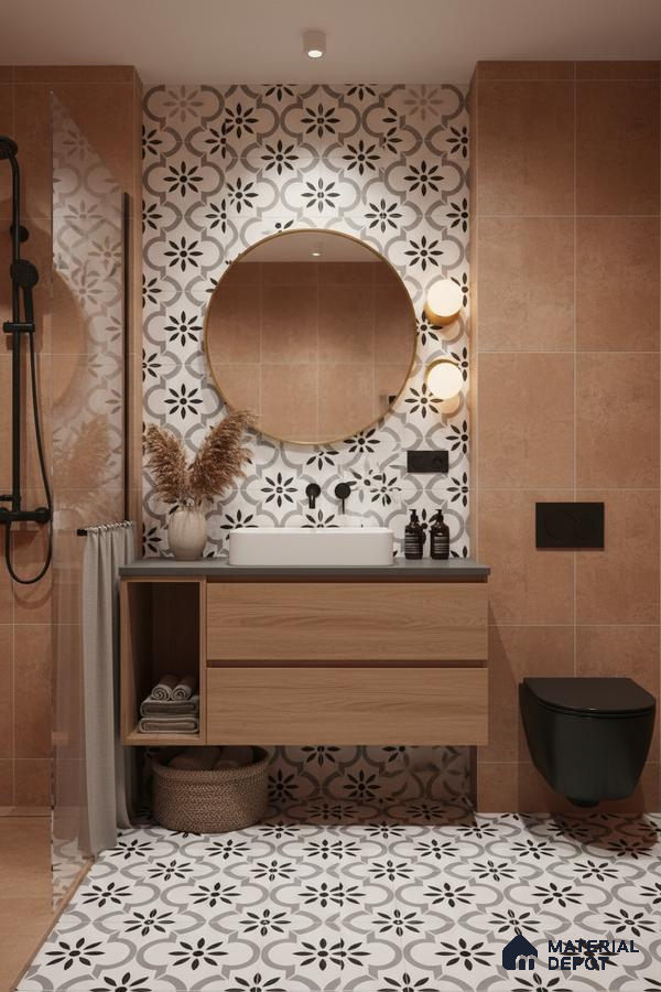 Modern bathroom with terracotta wall tiles, black-and-white geometric patterned floor and wall tiles, and wood vanity in Bengaluru | Material Depot