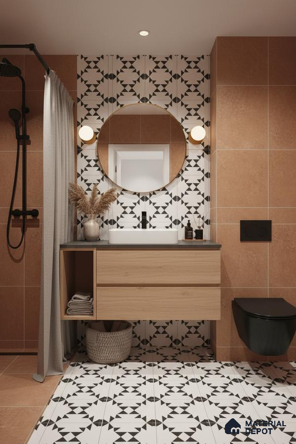 Modern bathroom with terracotta wall tiles, black-and-white geometric patterned floor tiles, and light oak vanity in Bengaluru | Material Depot
