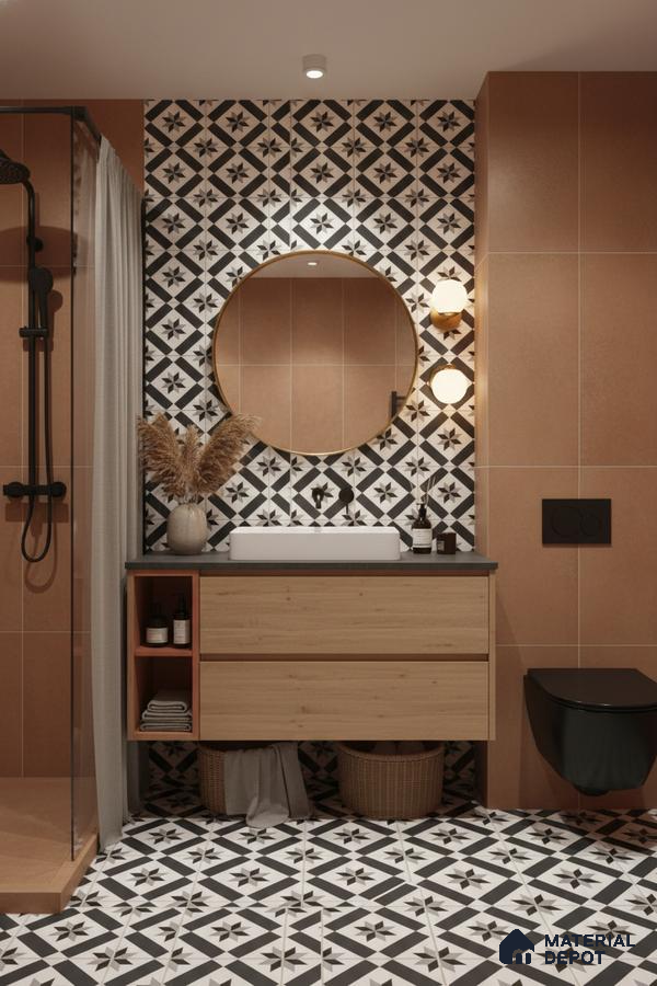 Modern bathroom with terracotta wall tiles, black-and-white geometric patterned tiles, and wood vanity in Bengaluru | Material Depot