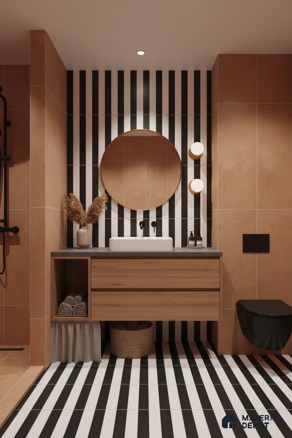 Modern bathroom with terracotta wall tiles, black-and-white striped geometric tiles, and wood vanity in Bengaluru | Material Depot
