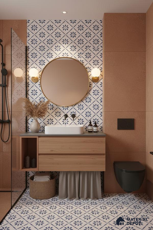 Modern bathroom with terracotta wall tiles, blue and white patterned floor and wall tiles, and wood vanity in Bengaluru | Material Depot