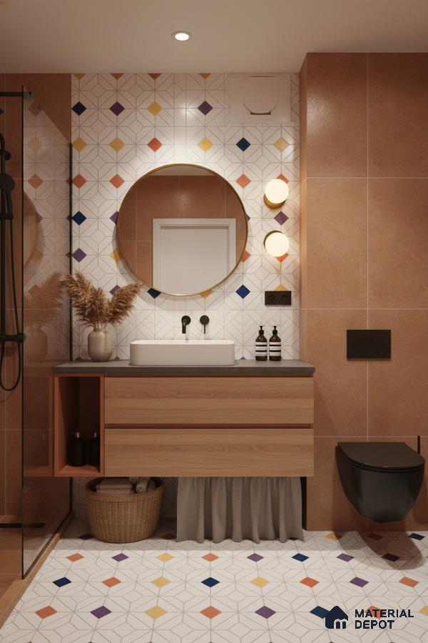 Modern bathroom with terracotta wall tiles, geometric multicolor patterned floor and wall tiles, and wood vanity in Bengaluru | Material Depot